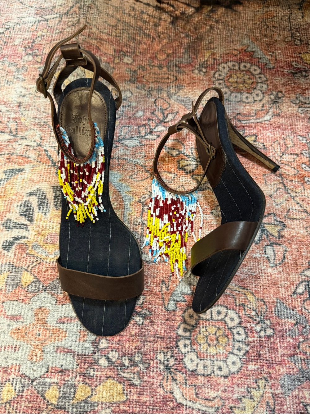 Rare Y2K John Galliano beaded pinstriped brown leather sandals